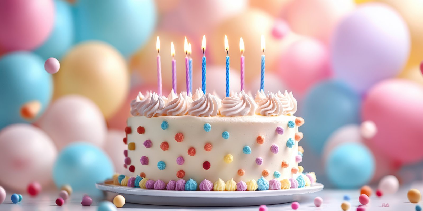 Colorful birthday cake with candles and balloons in a festive atmosphere during a celebration